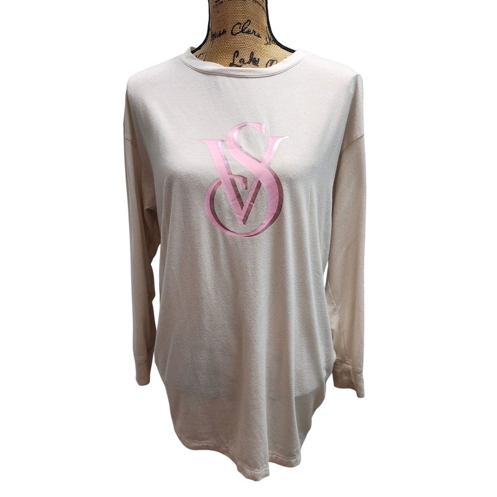 Victoria's Secret Long Sleeve Crewneck Top Cream Pink VS Logo‎ Size S